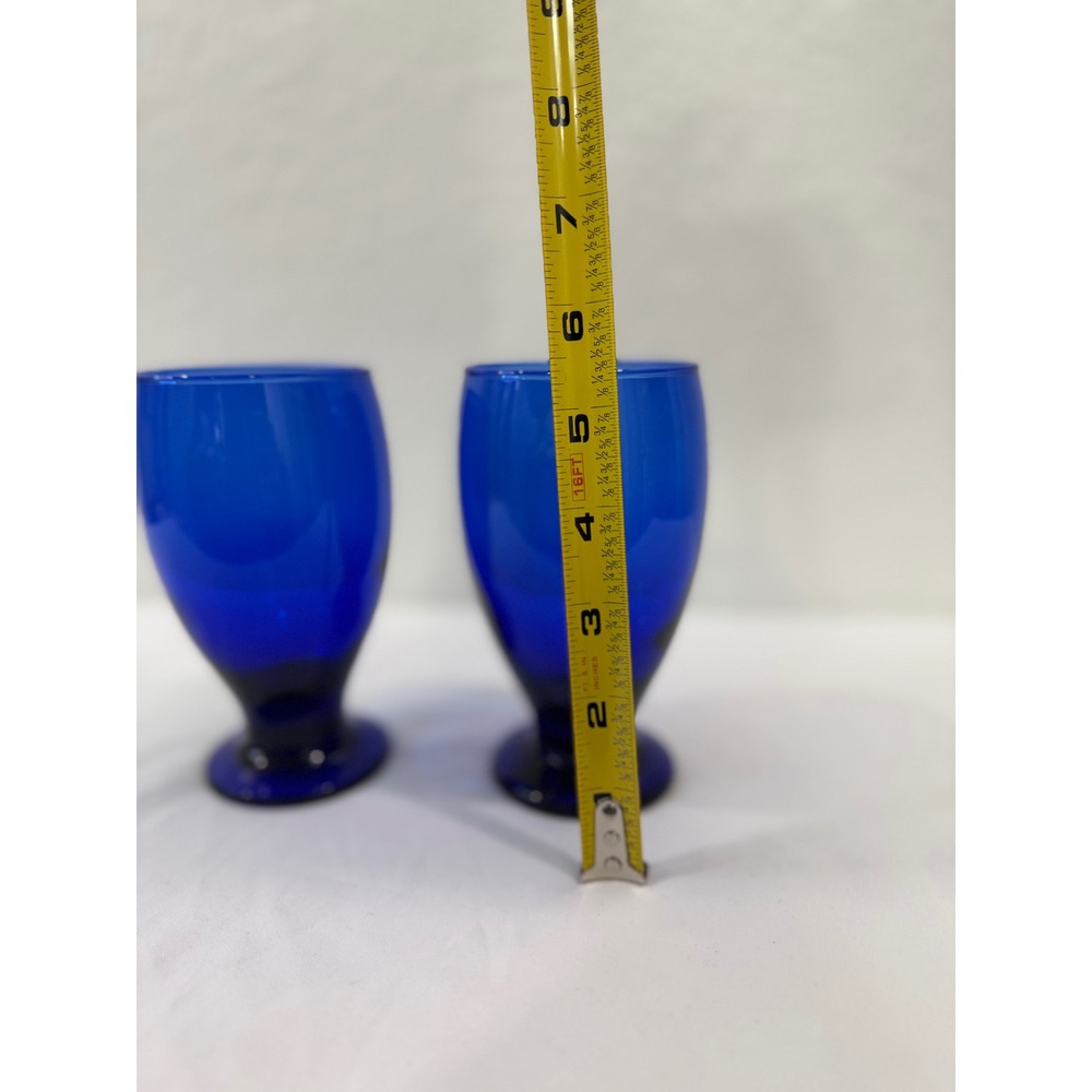 Cobalt Blue Footed Glasses Set Of 2 Vintage Drinking Goblets Barware - Picture 3 of 6